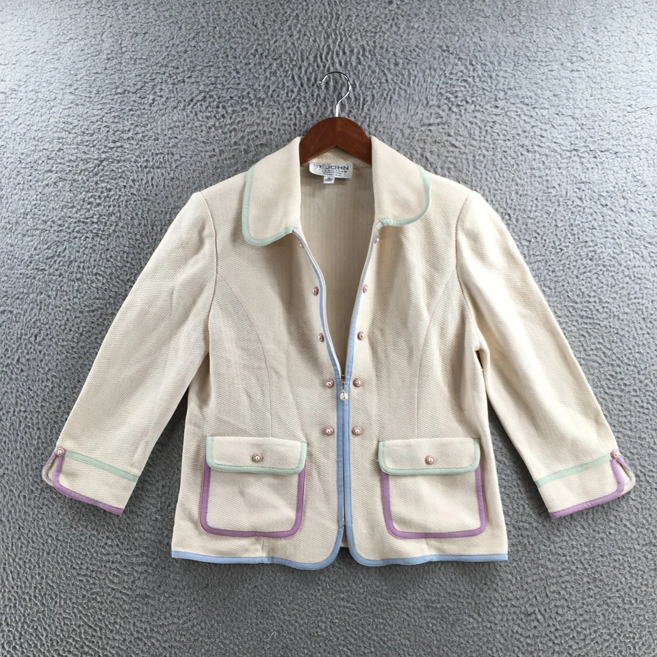 St. John Collection by Marie 灰色西装外套女式 10 奶油针织长袖 — 第 1/4 张图片