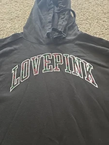 PINK Victoria’s Secret schwarzer Oversize-Hoodie gerader Saum kariert Patch Large - Bild 1 von 5