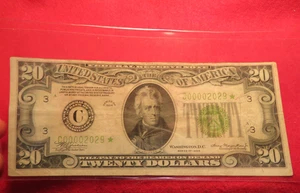 1934 $20 Dollar STAR NOTE Philadelphia Federal Reserve Nice! Ser# C00002029* - Picture 1 of 11