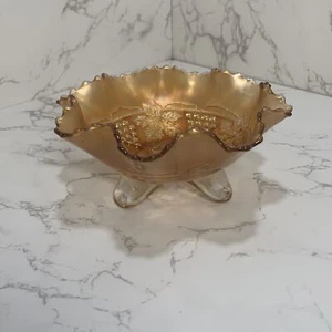 Fenton Marigold Grape & Cable Carnival Glass With Spatula 3 Footing Trinket Bowl - Picture 1 of 11