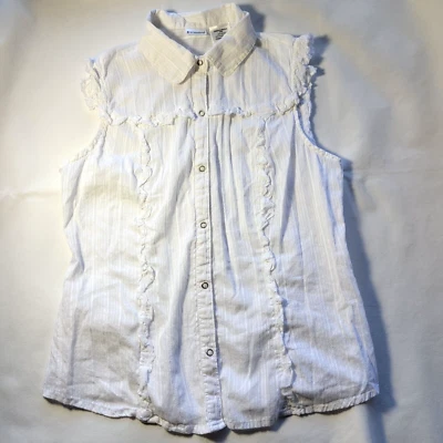 No Boundaries White Stripe Ruffle Trim Snap Button Down Top Juniors Medium (7/9) - Image 1 of 4