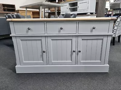 New Chunky Limed Oak & Light Grey 3 Door 3 Drawer Sideboard *Furniture Village* - Image 1 of 4