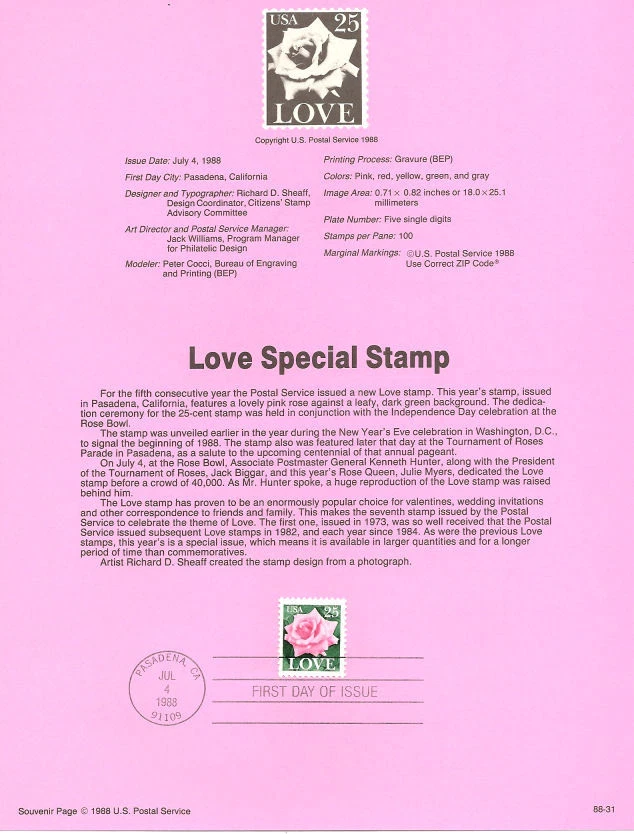 #8831 25c Love w/Rose Stamp #2378 USPS Souvenir Page - Image 1 of 1