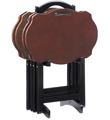 Juego de bandejas de TV de madera con acabado marrón negro de 5 piezas con soporte mesas plegables almacenamiento de aperitivos Foto 1 de 4