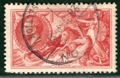 GB KGV SEAHORSE SG.451 5s Bright Rose-Red (1934) Used 1937 CDS Cat £85 XRED58 - Image 1 of 4