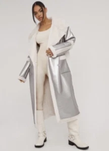 Ego Oversized Borg Contrast Detail Maxi Aviator Coat Silver Metallic UK 6 - Picture 1 of 7