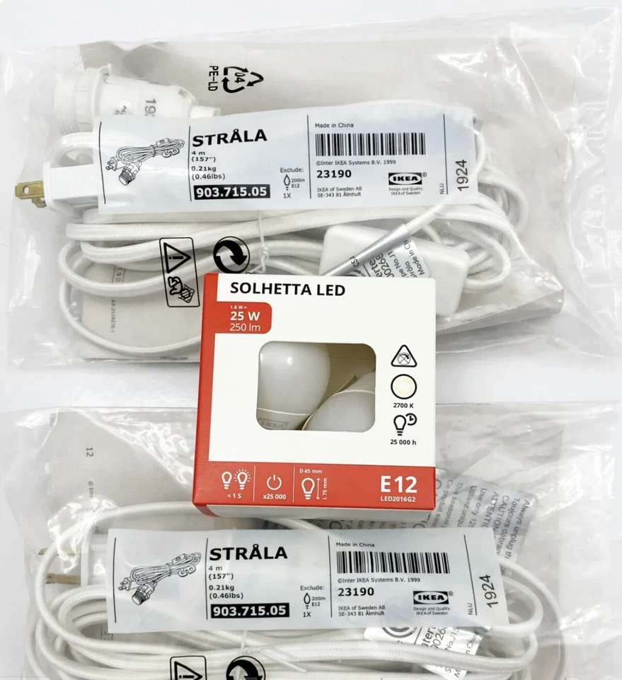 SET of 2 - Ikea STRALA Cord Set for Star Shade 157" + 2 LED e12 Bulbs White. - Image 1 of 1