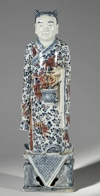 Estatua Inmortal Dinastía Qing azul y blanco bajo esmalte rojo, 清代青花釉里红八仙人物韓湘子神像, Rara Foto 1 de 4