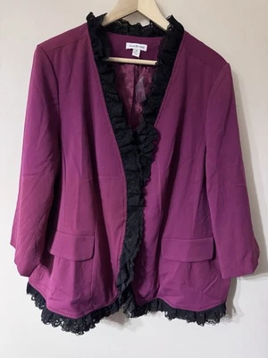 Chaqueta Blazer Joan Rivers Ciruela Púrpura Borde de Encaje Negro Manga 3/4 1X NUEVA Foto 1 de 4