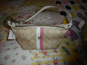 BOLSO DE MANO NUEVO CON ETIQUETAS COACH 43555 Heritage Signature a rayas con asa superior caqui - Imagen 1 de 8