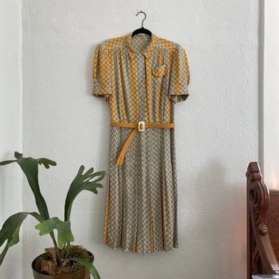 Vestido de Día Vintage Años 30 40 Rayón Amarillo Gris Rayas Estampado Plisado Falda Talla L Foto 1 de 4