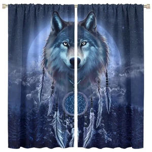 Wolf Blackout Curtains for Bedroom Fantasy Galaxy Misty Forest Wolf Dream Catc - Picture 1 of 8