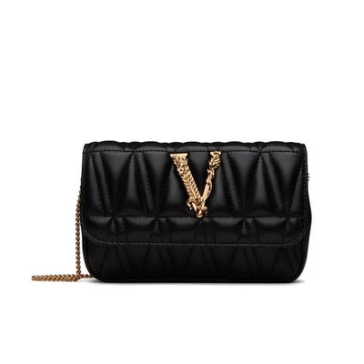 NWT Versace Virtus Mini Black Quilted Leather Crossbody Bag with Gold Chain - Image 1 of 4