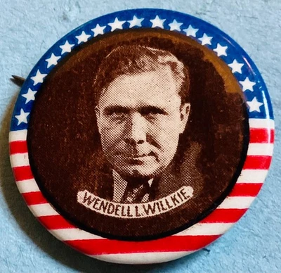 Botón Pinback Campaña Wendell L. Willkie 1940 - Estrellas y Rayas Patrióticas 1.25" Foto 1 de 2