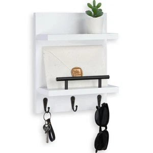 Key Holder Wall Mount, Mail Shelf Decor with 3 Key Hooks, Versatile Wood Wall... - Picture 1 of 7