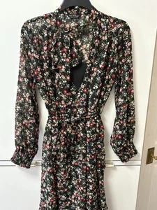 Miss Selfridge black red floral sheer pussybow belted dress long sleeve size 14 - Picture 1 of 12