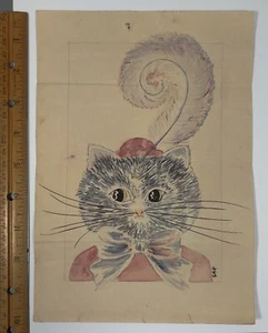 Watercolor Cat Valentine 1932 On Paper Whimsical Painting Gayle Johnston - Picture 1 of 4