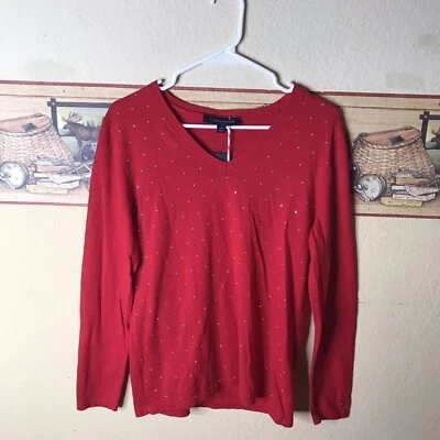 NWT Tommy Hilfiger Women V Neck Sweater Red Sz Large Gold Polka Dots Cotton Foto 1 de 4