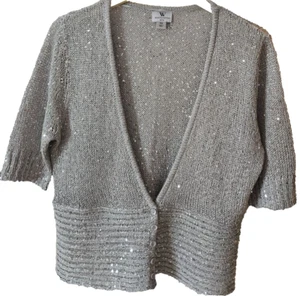 Worthington Womens Cardigan Sweater Size PS Silver Sparkly Sequins Short Sleeved - Picture 1 of 9