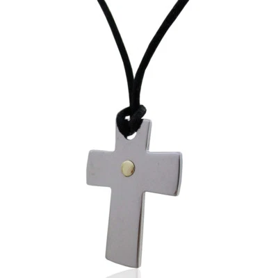 Ciondolo croce mm 23x12 in acciaio lucido con borchia oro centrale e collana - Immagine 1 di 2