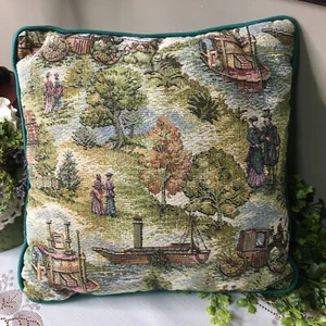 Vtg. Tapestry Throw Pillow Victorian Country Cottage People,Tree's & Boats 11X11 - Picture 1 of 5