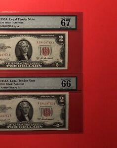 1953A -2 CONSECUTIVE RED SEAL $2 NOTES,GRADED BY PCGS GEM 66&67..DEAL