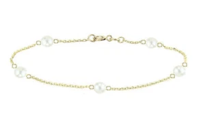 14K Yellow Gold Station Anklet Bracelet With Freshwater Pearls 10 Inches - Picture 1 of 2