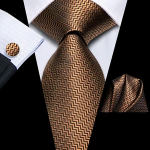 Mens Ties Gold Black Striped Tie and Hanky Cufflinks Set Formal Casual - Picture 1 of 85