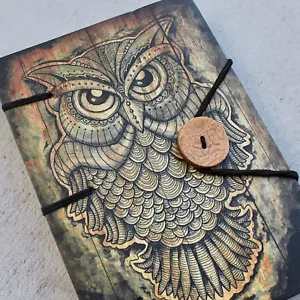 Handmade Journal Hard cover Book rugged diary Owl print rope closure Notebook - Picture 1 of 6