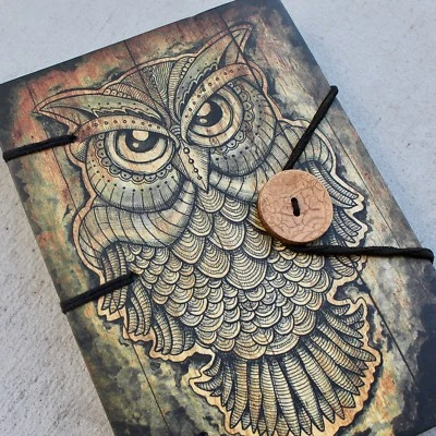 Handmade Journal Hard cover Book rugged diary Owl print rope closure Notebook - Image 1 of 4