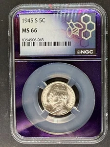 1945-S Jefferson 5C Nickel – NGC MS66  Silver War Nickel – TraderBea Purple Core - Picture 1 of 2