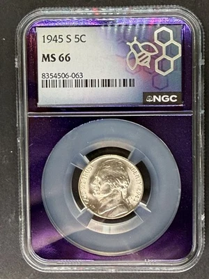 1945-S Jefferson 5C Nickel – NGC MS66  Silver War Nickel – TraderBea Purple Core - Image 1 of 2