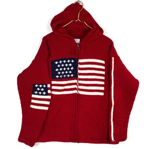 Vintage Usa Flag Knit Wool Sweater Women’s Large Red Full Zip Hooded Cardigan - Picture 1 of 4