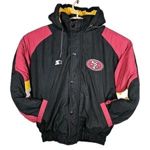 Vtg San Francisco 49ers 90s STARTER Puffer Jacket Full Zip Size L Black Gold NFL - Picture 1 of 13