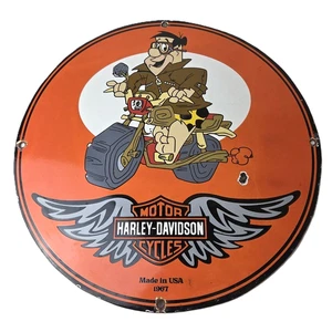 Vintage Harley Davidson Motorcycles Sign - Flintstones Porcelain Gas Pump Sign - Picture 1 of 14