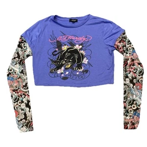 Ed Hardy Tattoo Cropped Shirt Youth Large Blue Knit Panther Sheer Sleeves - Picture 1 of 9