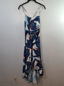 Vestido Farm Rio para mujer azul blanco XS alto-bajo floral mezcla de lino dobladillo con volantes - Imagen 1 de 11