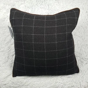 Ralph Lauren Hughe Pillow Black Wool 18x18 Plaid Window Pane Throw Brown Trim - Picture 1 of 10