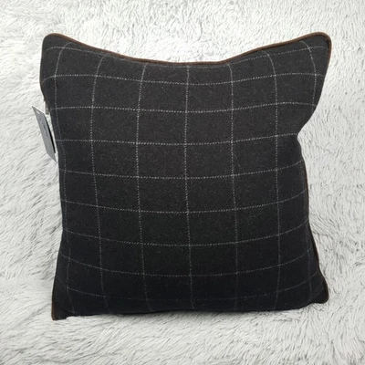 Ralph Lauren Hughe Pillow Black Wool 18x18 Plaid Window Pane Throw Brown Trim - Image 1 of 4