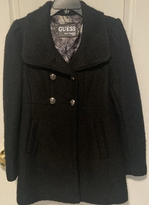 Guess Los Angeles Vintage Wool Blend Pea Coat Black Long Double Breasted M Black - Image 1 of 4