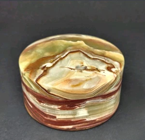 Vintage polierter Onyx runde Schmuckschatulle Schmuck Uhren sattes grün braun wirbelnd - Bild 1 von 10