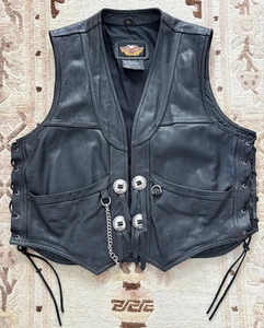 Harley Davidson gilet pelle uomo 3XL stile giocatore conchiglie lacci laterali - Foto 1 di 13