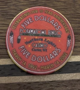 Northern Lights 5 $ Potawatomi Carter WI Casino Chip 2002 10 Jahre Jubiläum - Bild 1 von 2