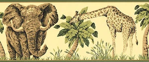 * LEOPARD GIRAFFE ELEPHANT PALM TREES JUNGLE WILD ANIMALS Wallpaper bordeR Wall - Picture 1 of 2