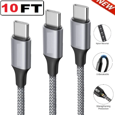 3-Pack Braided TYPE-C to Type-C Fast Charging Data SYNC Charger Cable 3/6/10FT - Image 1 of 4