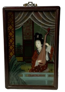 Antiguo óleo bajo o sobre cristal chino del siglo XVIII enmarcado. 55x34 - Imagen 1 de 2