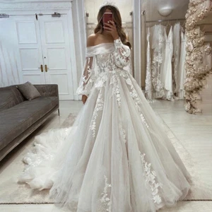 Elegant A-Line Wedding Dresses Boat Neck Sweep Train Lace Appliques Bridal Gowns - Picture 1 of 7