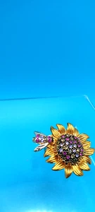 Gold-Tone Sunflower Brooch with Pollinating Bee, Both with Purple Rhinestones - Picture 1 of 6