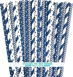 Paper Straws - Navy Blue and White - Stripe Chevron Polka Dot - 7.75 Inches - 10 - Picture 1 of 9