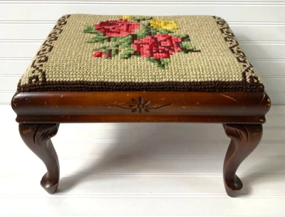 VTG Hand stitched Floral Needlepoint Rectangular Footstool Carved Wood - Image 1 of 4
